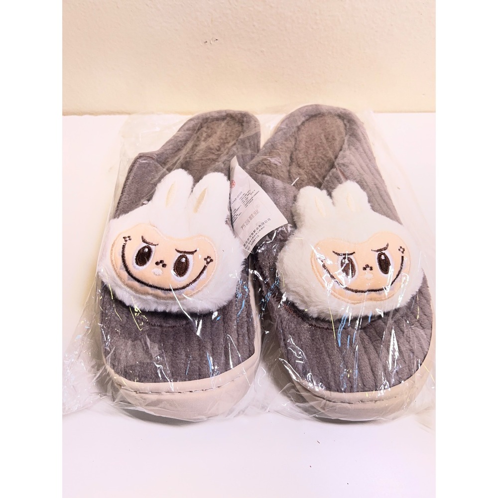 Size 42-43 Plush Slippers Grey Fuzzy Bunny Character Slip On Mules